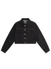 深い青の襟付きボタンデザインデニムジャケット【後ろリボン・ショート丈・女性用】