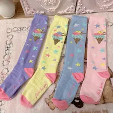 アイスクリームデザインのロリータ風ソックス【甘美なコットン・小腿用・クリーム色の星柄】