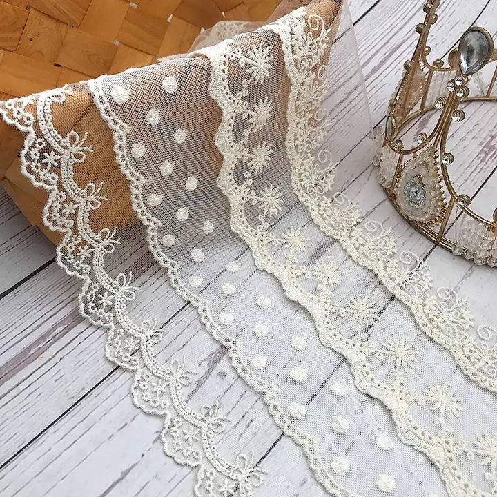 白色ネットレース刺繍コットンフリル生地【ロリータ手作り用・DIY】