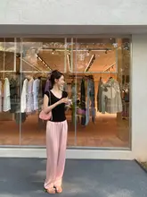 極上の柔らかさのサテン風パンツ【ウエストゴム・裾カール】