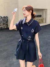 深い青色の刺繍入りオーバーオール風つなぎ服【ウエストシェイプ・ワイドレッグ・小柄向け】