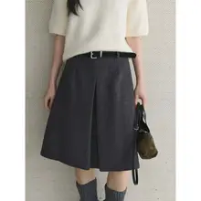 秋冬用レトロスタイルのハイウエストAラインウールスカート【ベルト付き・プリーツデザイン】