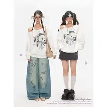可愛い四葉のクローバーと犬のデザイン！調節可能なショルダーストラップの白いスウェットシャツ【秋用】