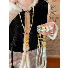 宋锦製の葫芦デザインパールネックレス【新中式・長めのニットチェーン・旗袍アクセサリー】