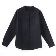 オリジナル文芸風レトロコットン麻刺繍立ち襟シャツ【春秋用・開衿スタイル】（セットアップ対応）