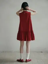 ワンピース レディース クルーネック ジャカード 刺繍 カットワーク 立体フラワー ヴィンテージ 赤