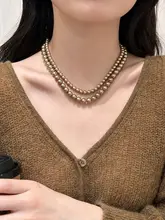 モカ金色と茶色のパールネックレス【秋冬用・センスあるデザイン・ニットアクセサリー】