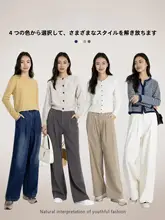 BASICHOUSE レディース 春夏用 デニムパンツ【ワイドレッグ・ボタン付き・フィット】