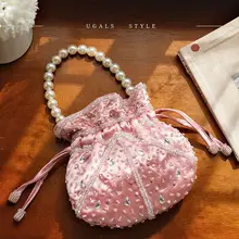バケットバッグ 巾着 ミニバッグ レディース パール クリスタル ビジュー ショルダー 手提げ パーティー フレンチ風 甘め エレガント 「UGALS」