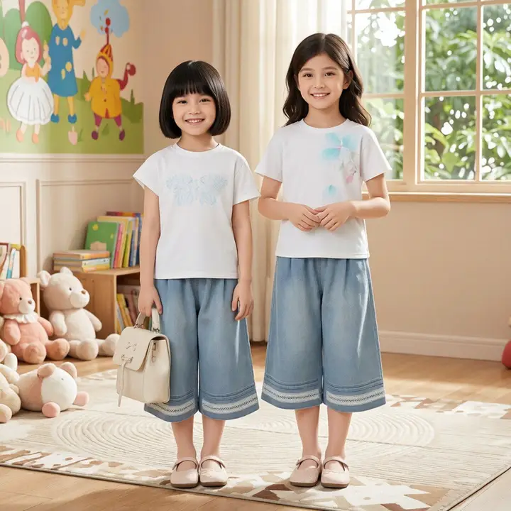 女の子用デニム七分丈パンツ【通気性・ストレッチ性・ワイドレッグ】（セットアップ対応）
