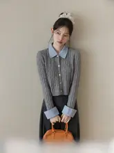 学院風グレーのニットカーディガン【ショート丈・フィットデザイン・秋用】