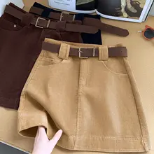 レトロカーキ色のコーデュロイハイウエストミディスカート【Aライン・秋冬用・スリムシルエット】