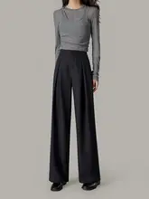 小柄女性向け グレーの高腰ストレートパンツ【春用・ドレープ感・ワイドレッグ】（セットアップ対応）