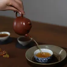 宜興紫砂製 手作り孟臣型 茶壺【皺皮・朱泥・高梨式】