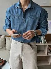 復古風ブルーウォッシュデニムシャツ【メンズ・秋用・ゆったりフィット・カジュアル】