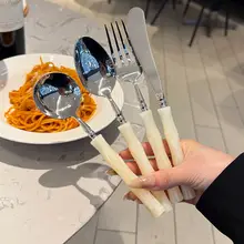 304ステンレススチール製 イタリアンデザイナーの軽やかなヴィンテージ風パール調バンブーハンドルの西洋食器ナイフ・フォーク・スプーンセット