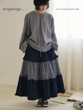 デザイン性のあるデニム切替シフォンロングスカート【秋用・ゆったりシルエット・女性用】（セットアップ対応）