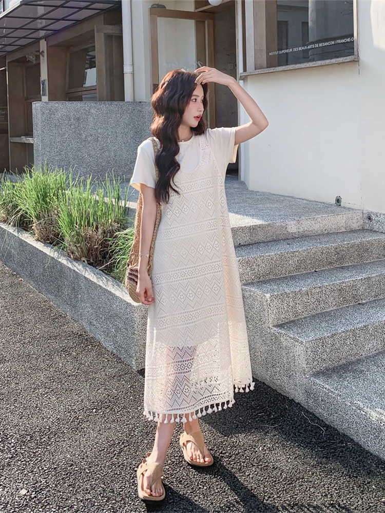 重厚感透かし編みフリンジタンクトップとワンピースセット：20代女性の通勤スタイルに最適な法式デザイン