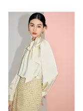 MandyZhang 長袖デザインカラーシャツ【立ち襟・スリーブ付き・秋用・イエロー】