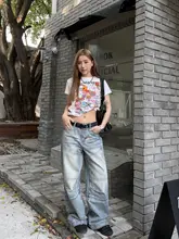 ユニセックス ストレートフィットデニムパンツ【ウォッシュ加工・クラフト風・カジュアル・ワイドレッグ】