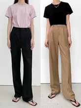 ハイウエストストレートスーツパンツ 女性 秋 カーキ色 ブラック 通勤 ドレープ感 ロングワイドパンツ