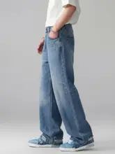 デニムパンツ メンズ Aライン ストレート 厚手 コットン100% 竹節糸 ウォッシュド ルーズ フルレングス 春