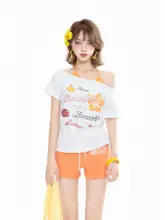 斜めネックデザインのオフショルダー半袖Tシャツ【夏用・スリムフィット・ダブルレイヤー風】（セットアップ対応）