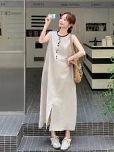 カジュアルカラーコンビネーションのラウンドネックノースリーブワンピース【春夏・スリム効果・おしゃれ】