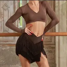 ラテンダンスウェア【フリンジ・セクシー・長袖トップス・ミニスカート・練習用・ショートパンツ付き】（セットアップ対応）