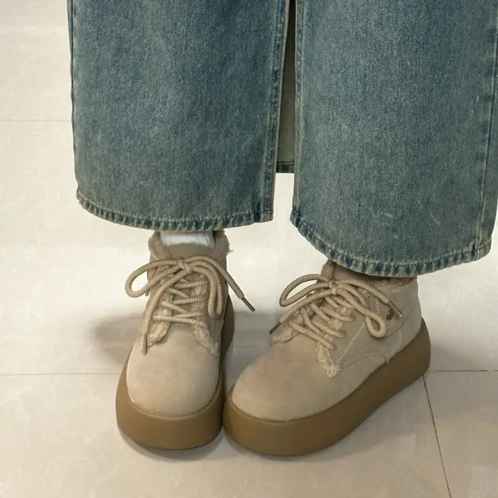 レトロ風ラウンドトゥ厚底レースアップ加絨保温雪用ブーツ【女性用・イギリス風・スタイリッシュ】