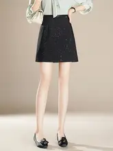 高級感ある黒のシーケンススカート【ハイウエスト・Aライン・タイト・ミニ】（セットアップ対応）