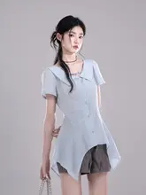 不規則な裾デザインのショートスリーブシャツ【天青空ブルー・幾何学模様】