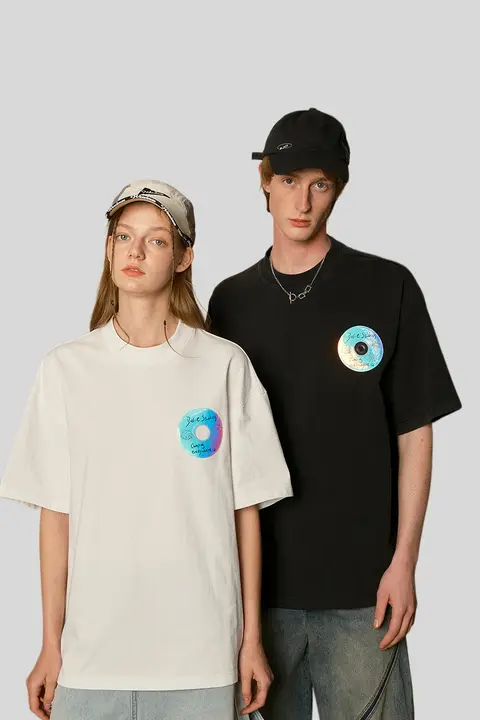 極上の柔らかさの純綿短袖Tシャツ【光ディスク装飾・男女兼用・ゆったりシルエット】