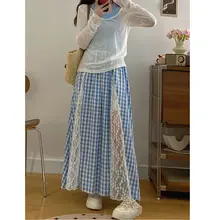 レースボーダー付きチェック柄ロングスカート【女性用・体型カバー・エレガントデザイン】（セットアップ対応）