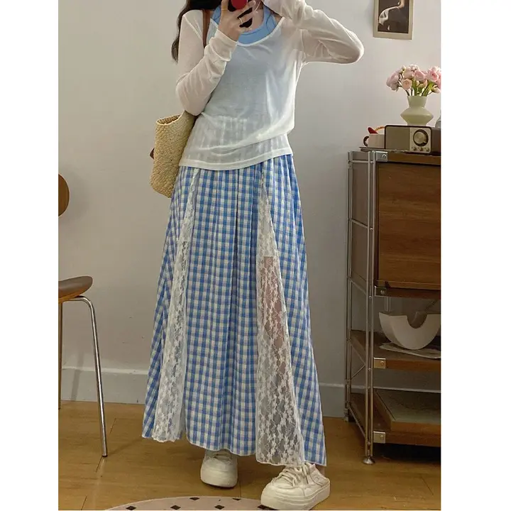 レースボーダー付きチェック柄ロングスカート【女性用・体型カバー・エレガントデザイン】（セットアップ対応）