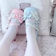 ラッフルリボン付きバレエスタイルロリータシューズ【中ヒール・丸いつま先・JKスタイル】