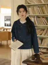 深い青の新中式デニムジャケット【春用・エレガントなデザイン・ゆったりフィット・ボタン付き】
