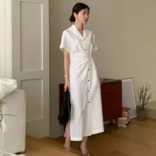 夏用 フレンチスタイル サイドリボン付き ノーカラーシャツワンピース【女性用・ウエストマーク・短袖】