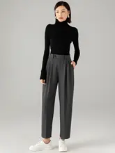 ストライプデザインのハイウエストテーパードパンツ【レディース・ウール混・春秋用・9分丈】