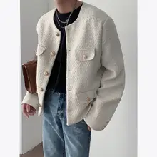 ジャケット メンズ 春物 クルーネック シングルボタン ツイード風 カジュアル 上品 デザイン性 トレンド