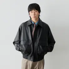 美式レトロジッパー付き襟折れPUレザージャケット【バイカー用・ウエストゴム・春秋用】