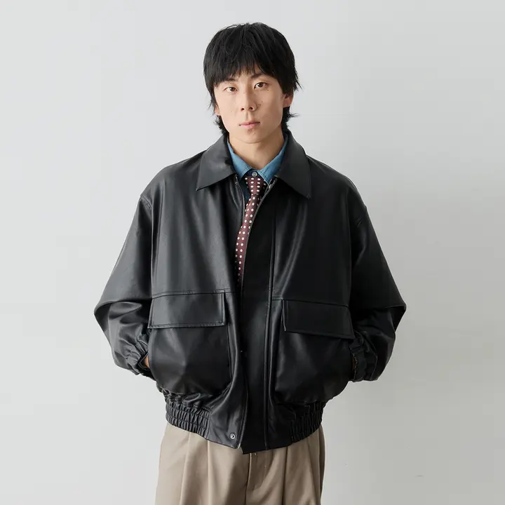 美式レトロジッパー付き襟折れPUレザージャケット【バイカー用・ウエストゴム・春秋用】