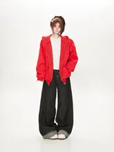 可愛いカートゥーンプリントのフード付きカーディガン【秋冬用・赤色・韓国デザイン】