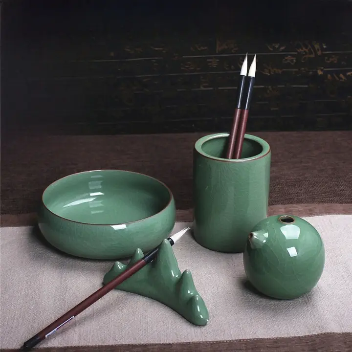 青瓷製 文房四宝用品【筆洗・硯・筆立て・筆筒・書道用・陶器】（セットアップ対応）