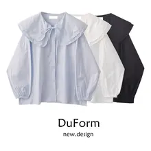 フランス風レトロデザインのドロップショルダーシャツ【リボン付き・ゆったりシルエット・秋用】