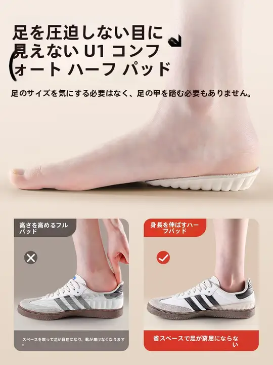女性用ラテックスインソール【疲れにくい・隠れた内増高タイプ・半分サイズ】