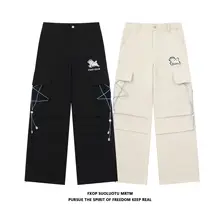刺繍入り小犬デザインのドローストリングパンツ【五角星パターン・ゆったりシルエット・プリーツデザイン  】