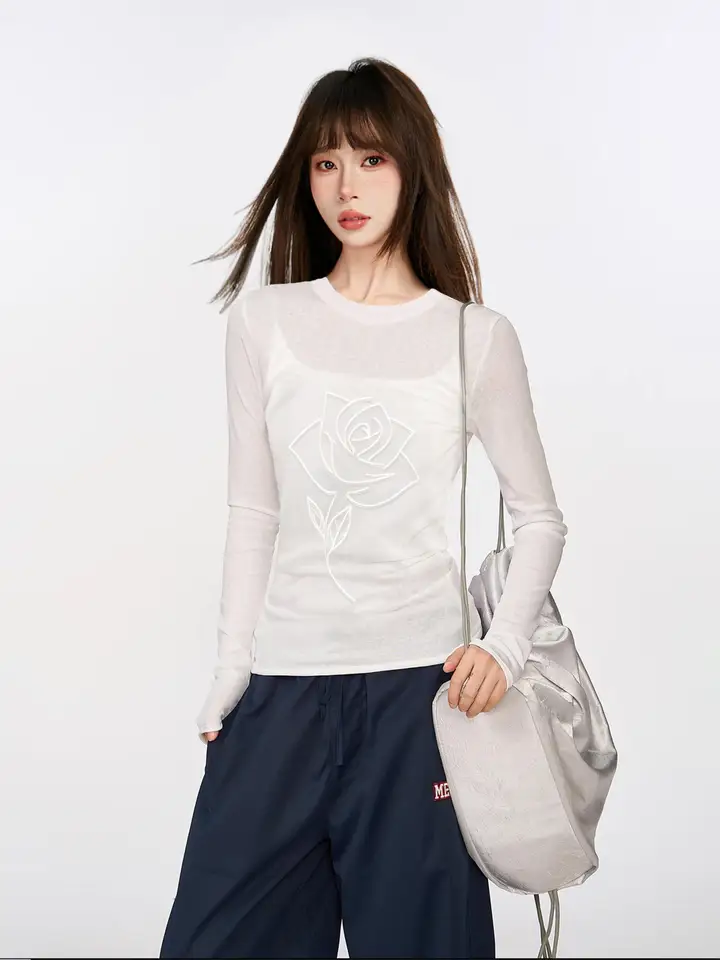 白色薄手フラワープリント長袖Tシャツ【UVカット・スリムフィット・透け感あり】