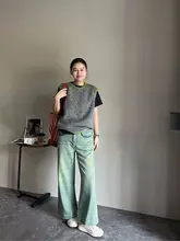 MAY MUZIYA ハイウエストワイドレッグデニムパンツ【ミントブルー・レディース・9分丈・ゆったり】