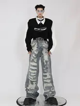 デザイン性のあるヴィンテージ風ダメージデニムパンツ【ストリートスタイル・ゆったりフィット・ストレートレッグ】